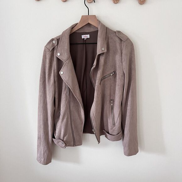 Pixley Jackets & Blazers - Pixley Faux Suede Moto Jacket Womens Cropped Full Zip Pockets Lined Beige Medium